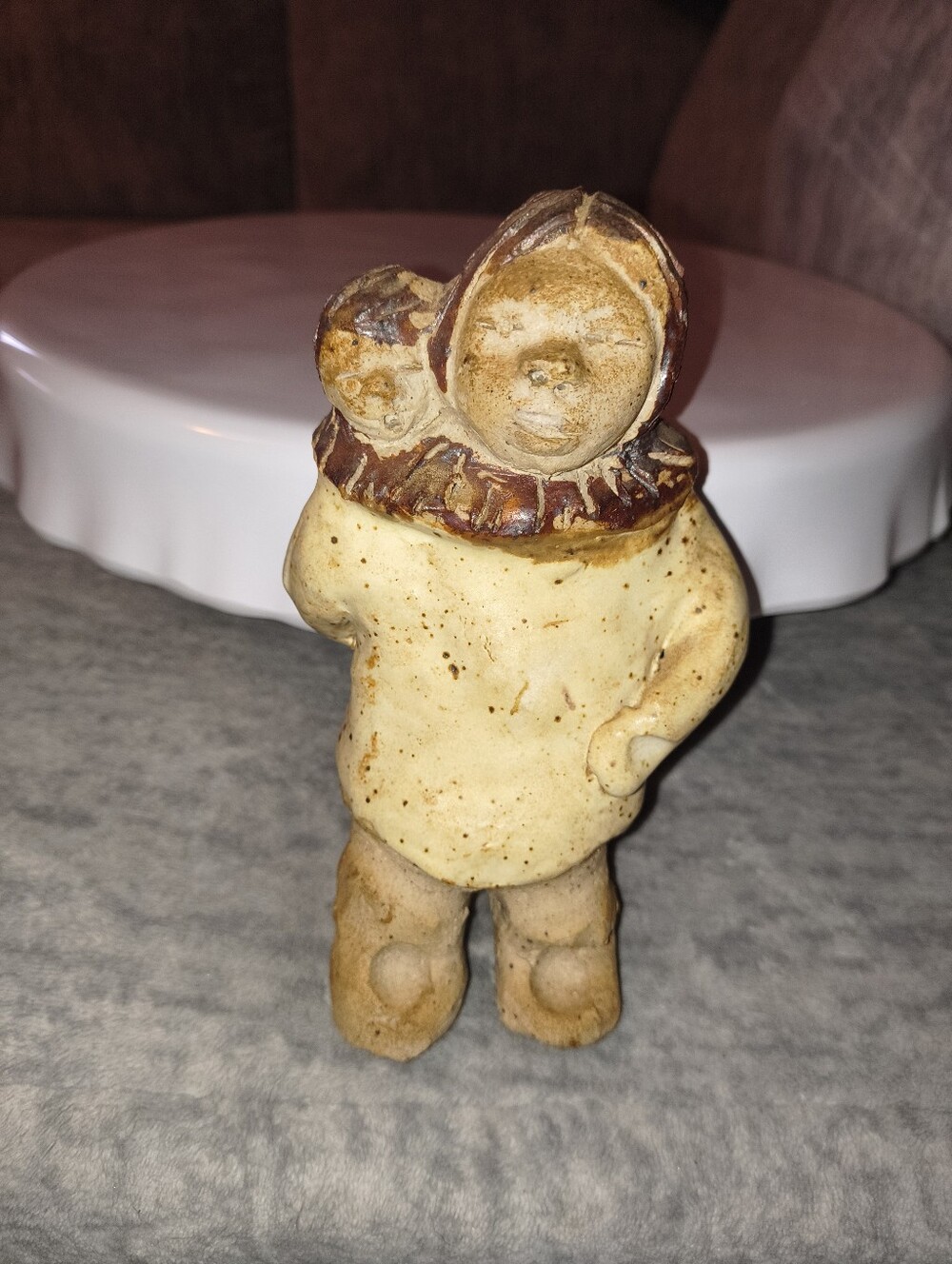 Handmade Stoneware Eskimo Figurine in Cream and Brown